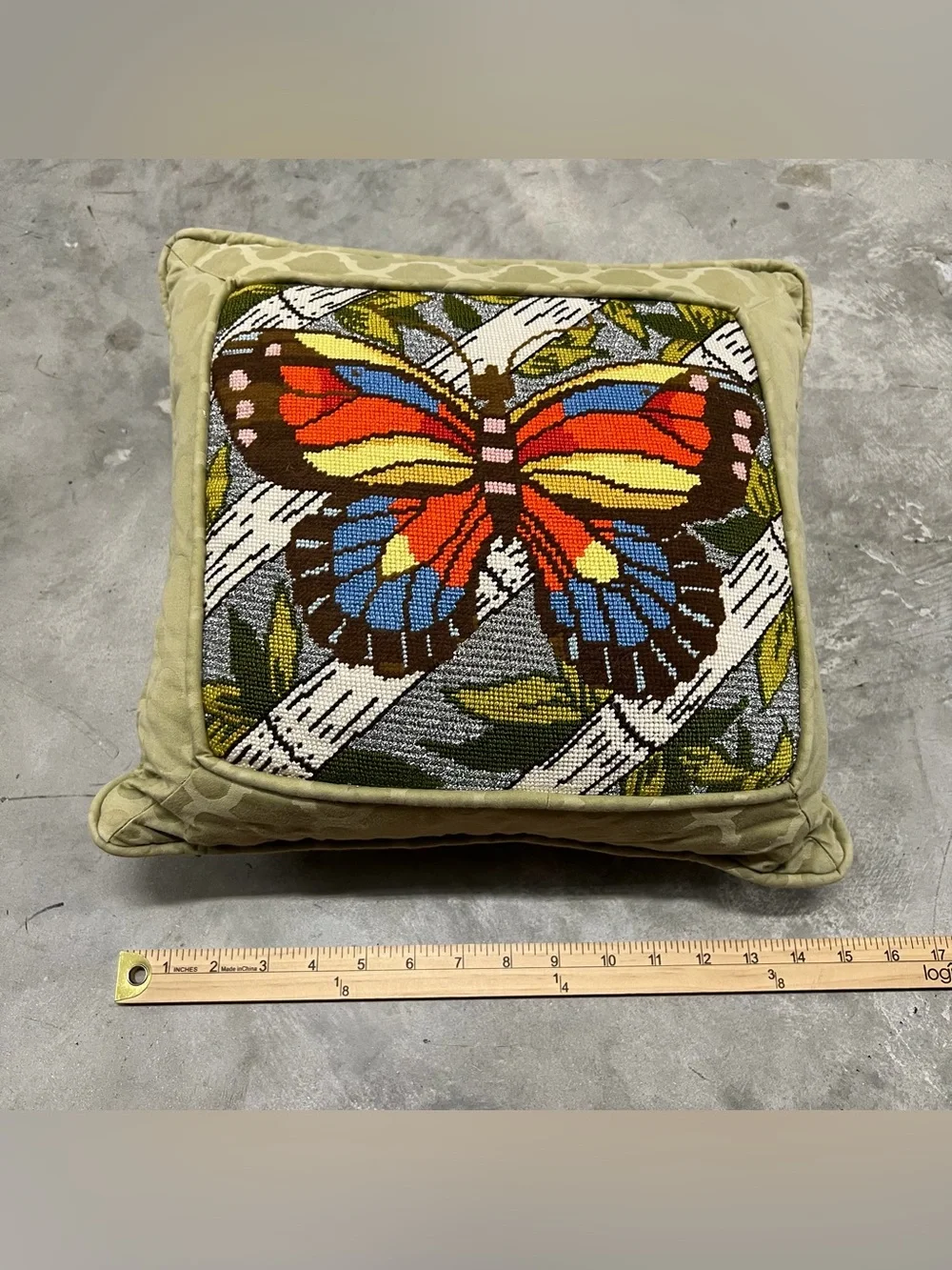 Vintage Pillow Butterfly Needlepoint Zipper Green Butterlfies Cross Stitch